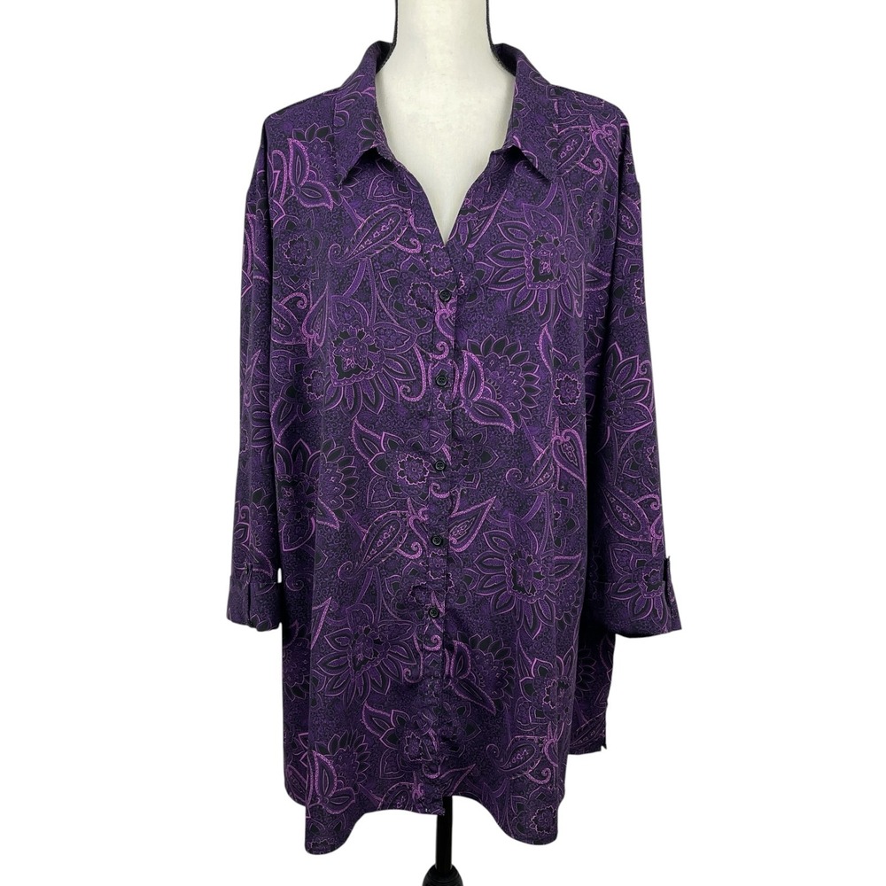 Catherines Women's Top 4X Purple Paisley Floral Button Front 3/4 Sleeve Blouse